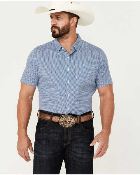 Ariat Men's Miller Geo Print Short Sleeve Button-Down Stretch Western Shirt , Blue, hi-res