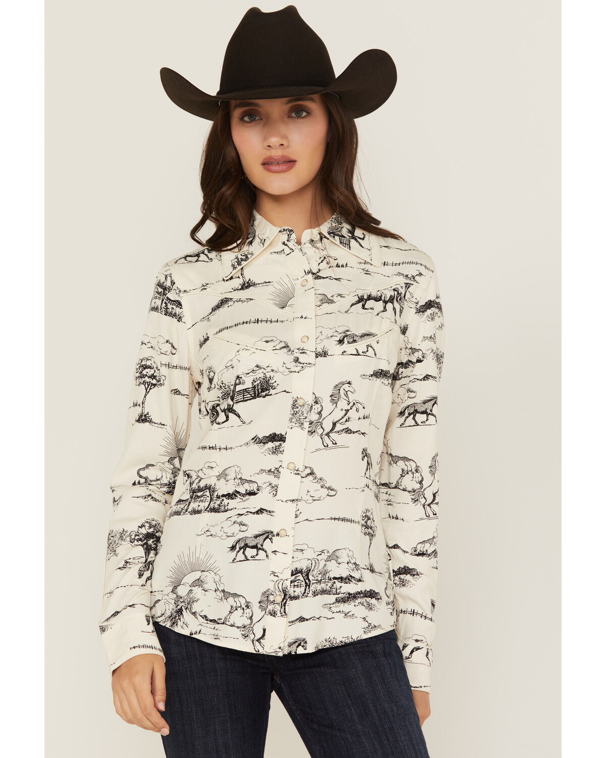 Wrangler x Lainey Wilson Women's Landscape Print Long Sleeve Snap Western Shirt, Cream, hi-res