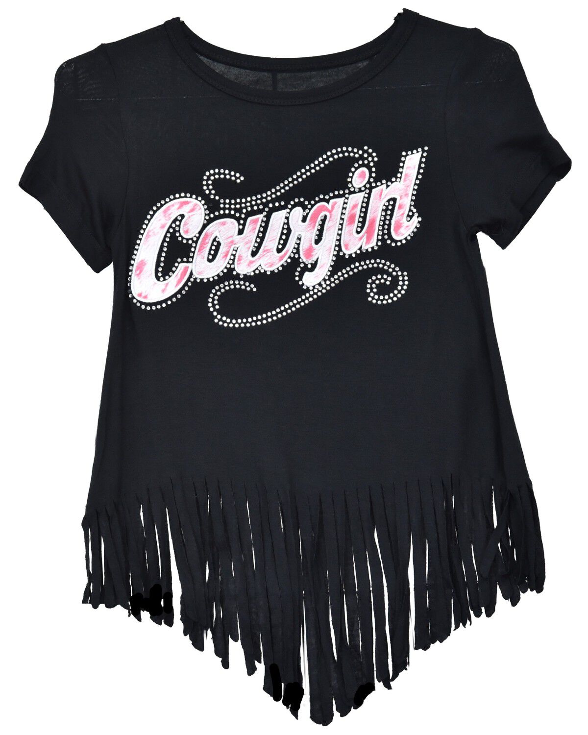 Cowgirl Hardware Girls' Sassy Cowgirl Embellished Fringe Short Sleeve Tee, Black, hi-res
