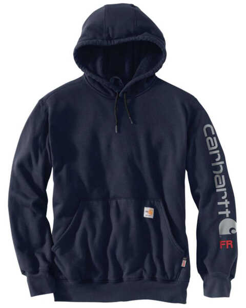 Image #1 - Carhartt Men's Navy FR Force Midweight Signature Logo Hooded Work Sweatshirt - Tall, , hi-res