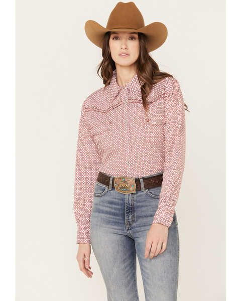 Cowgirl Hardware Women's Geo Print Long Sleeve Western Snap Shirt, Burgundy, hi-res