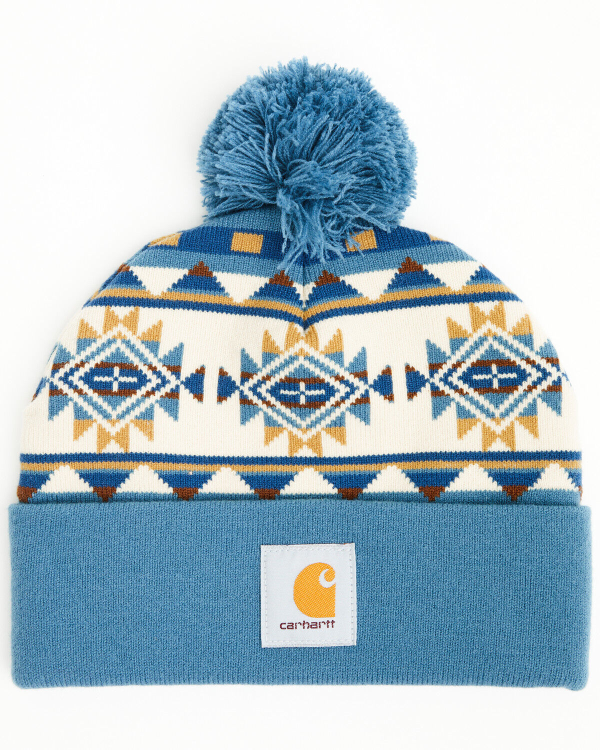 Image #1 - Carhartt Bethany Yellowtail Knit Pom Cuffed Logo Beanie, Blue, hi-res