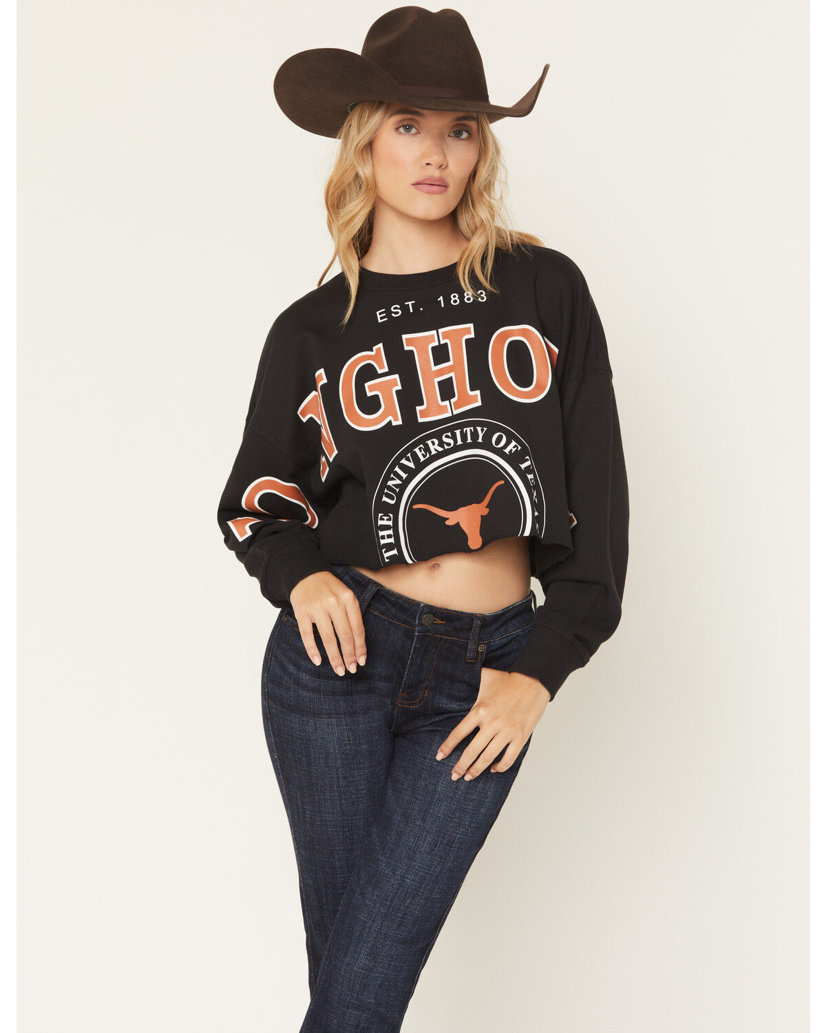Image #1 - Gameday Women's UT Split Long Sleeve Cropped Graphic Tee, Black, hi-res