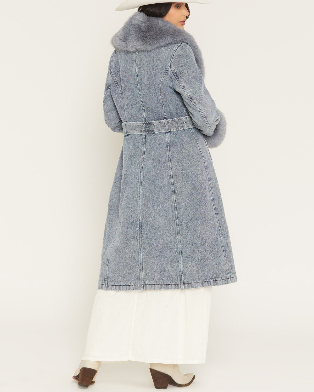 Image #4 - Azalea Wang Women's Kaya Denim Faux Fur Trench Coat, Light Wash, hi-res
