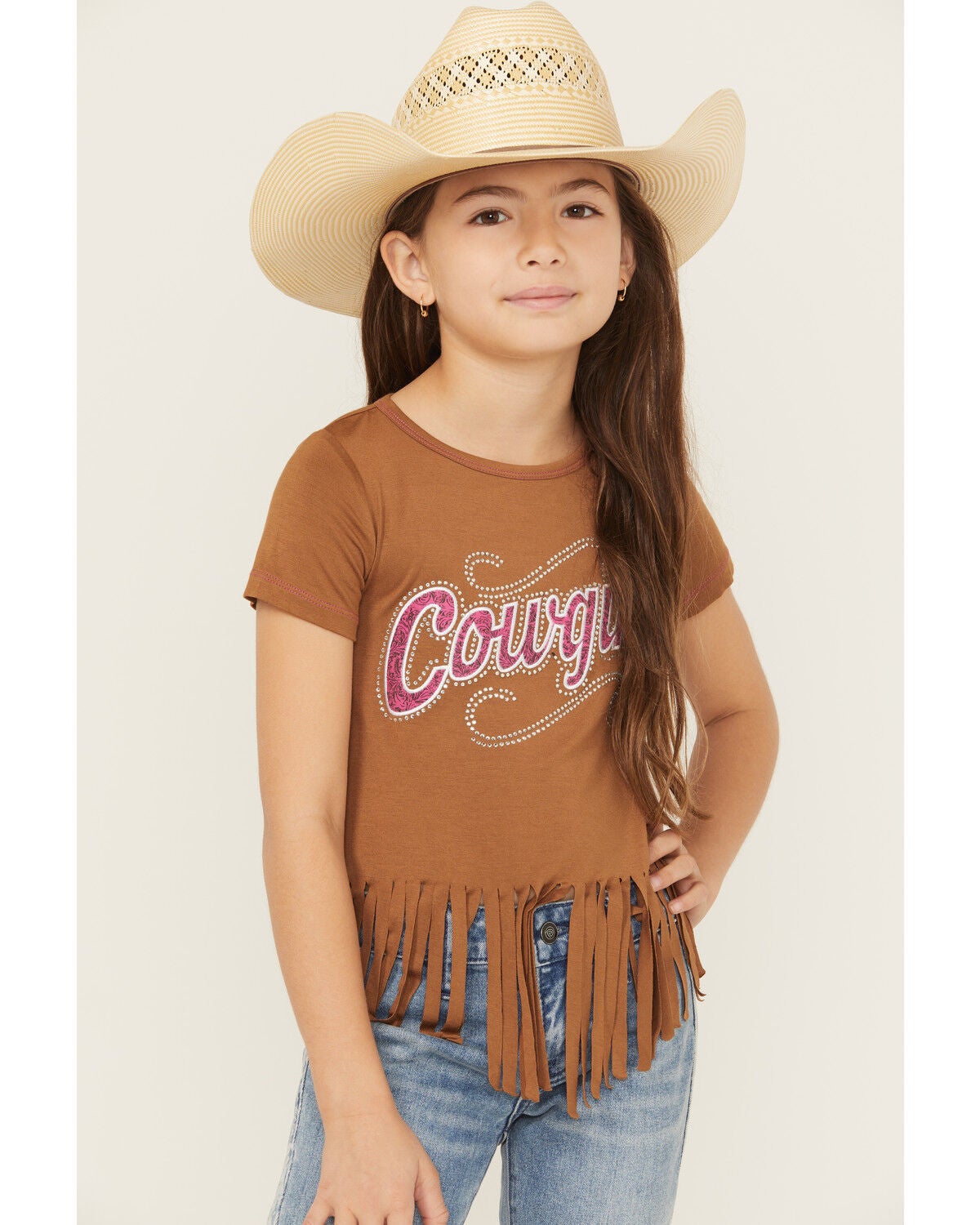 Cowgirl Hardware Girls' Cowgirl Fringe Tee, Brown, hi-res