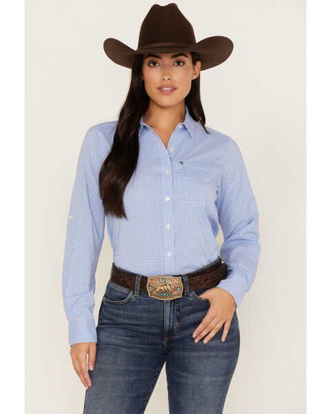 Ariat Women's Gingham Print Long Sleeve Button-Down VentTEK Stretch Shirt, Blue, hi-res