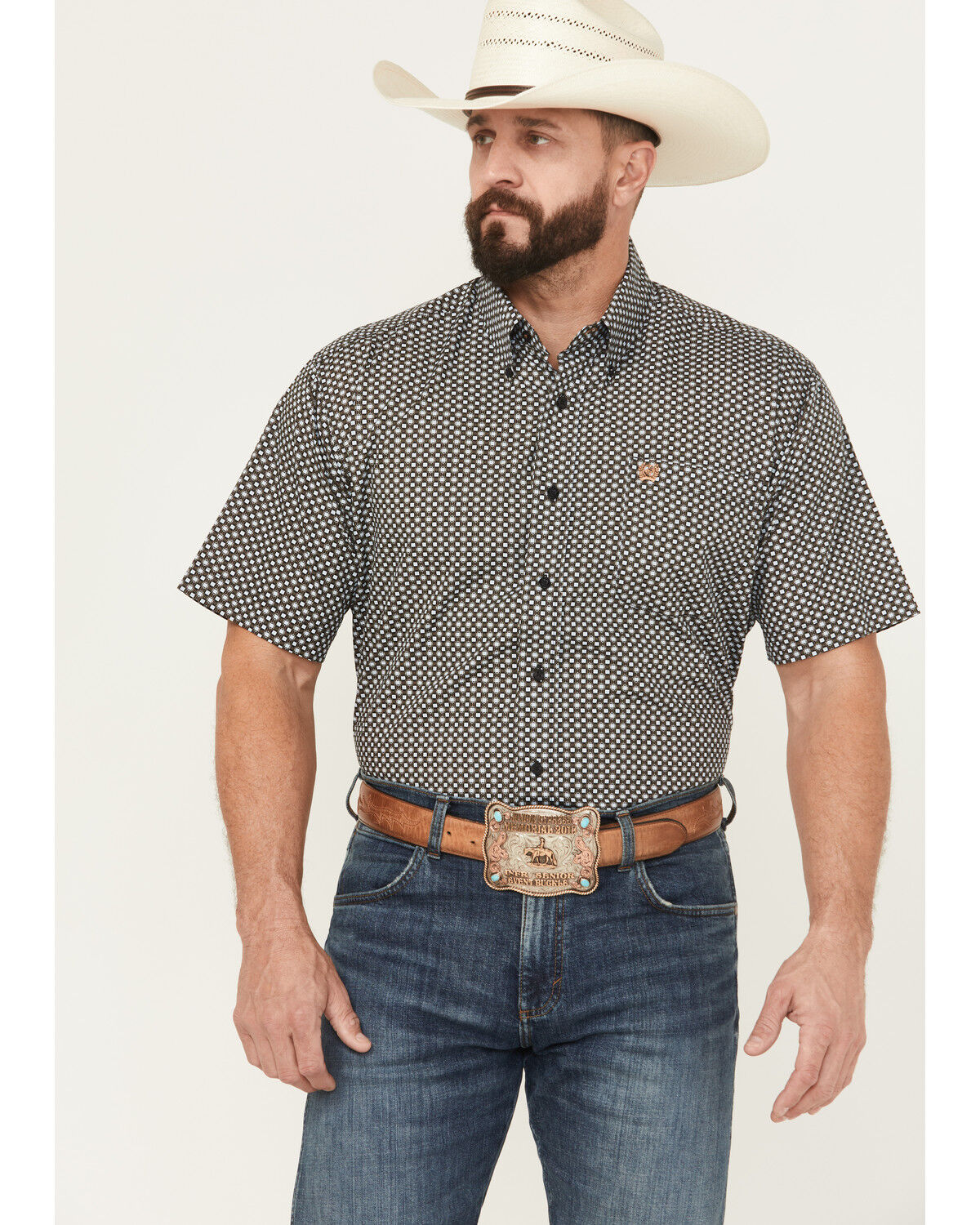 Image #1 - Cinch Men's Geo Print Short Sleeve Button-Down Western Shirt, Black, hi-res