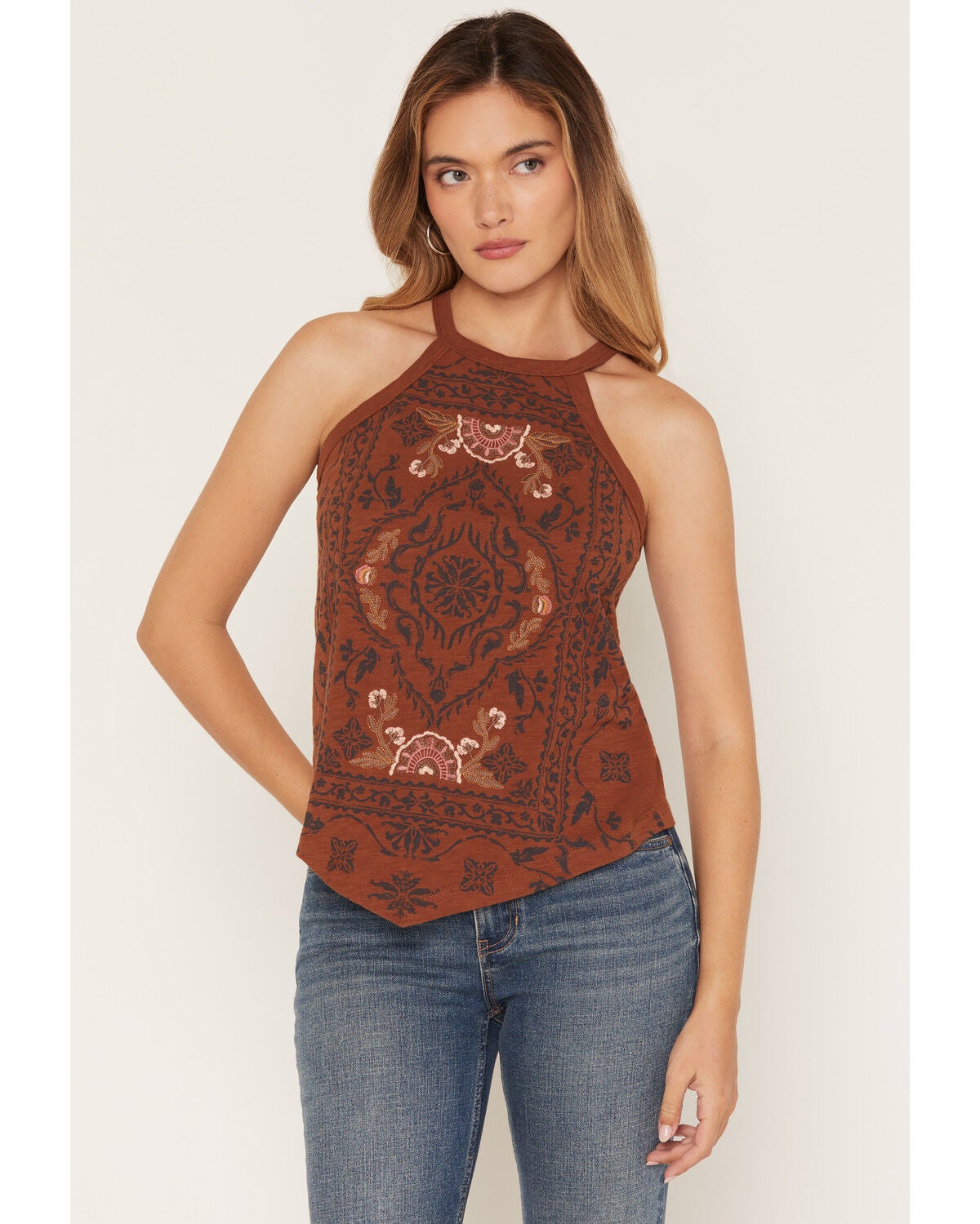 Image #1 - Shyanne Women's Wren Floral Embroidered Halter Tank Top, Brown, hi-res