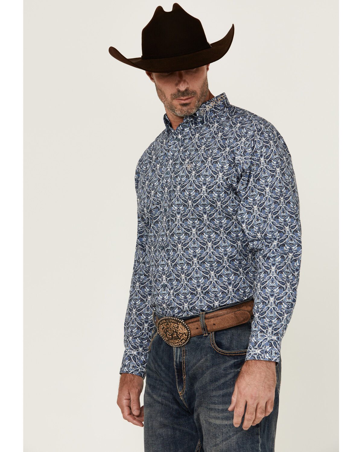 Image #2 - Ariat Men's Team Orlando Medallion Print Logo Long Sleeve Button-Down Western Shirt, Blue, hi-res