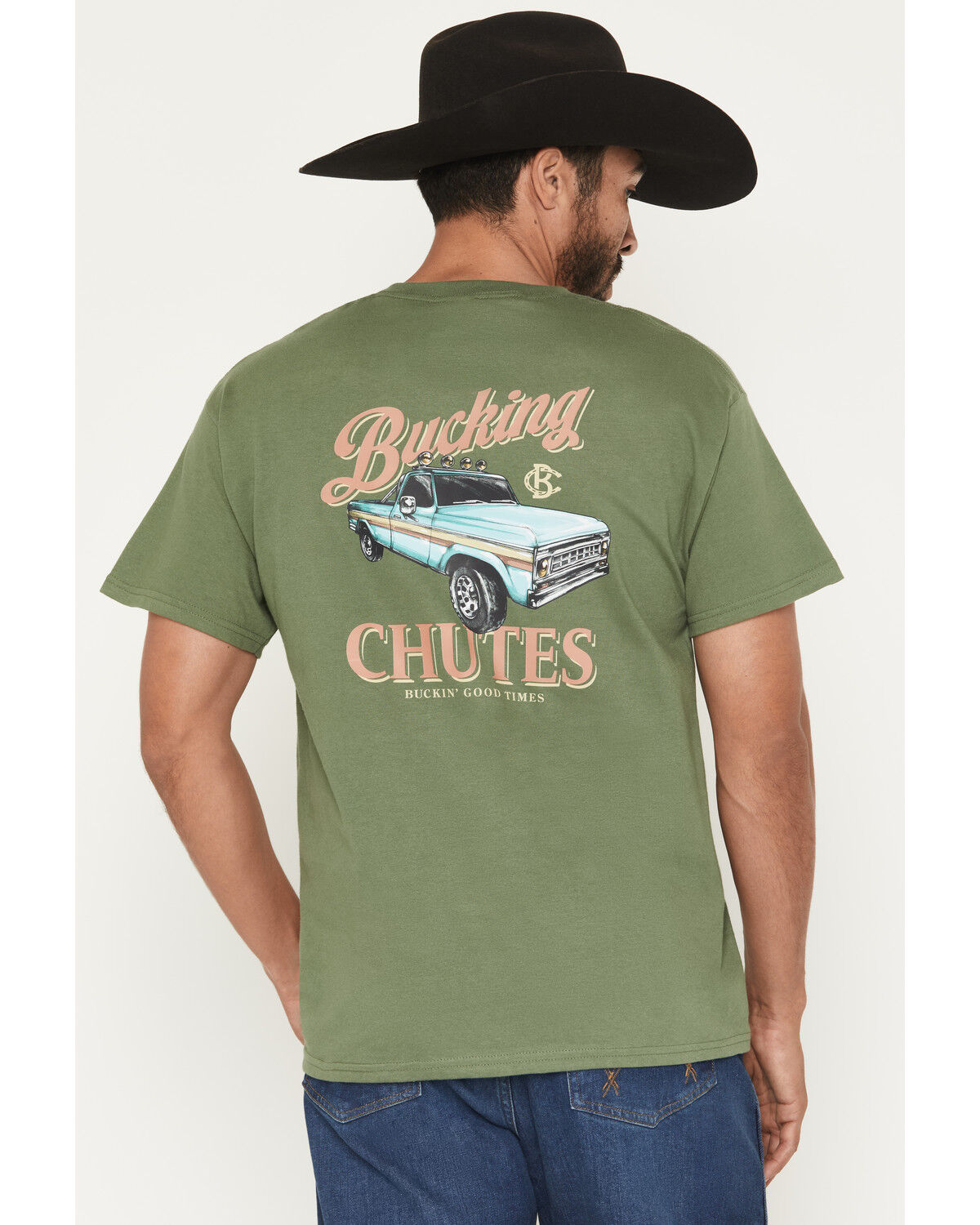 Image #1 - Bucking Chutes Men's Pickup Buck Short Sleeve Graphic T-Shirt, Green, hi-res
