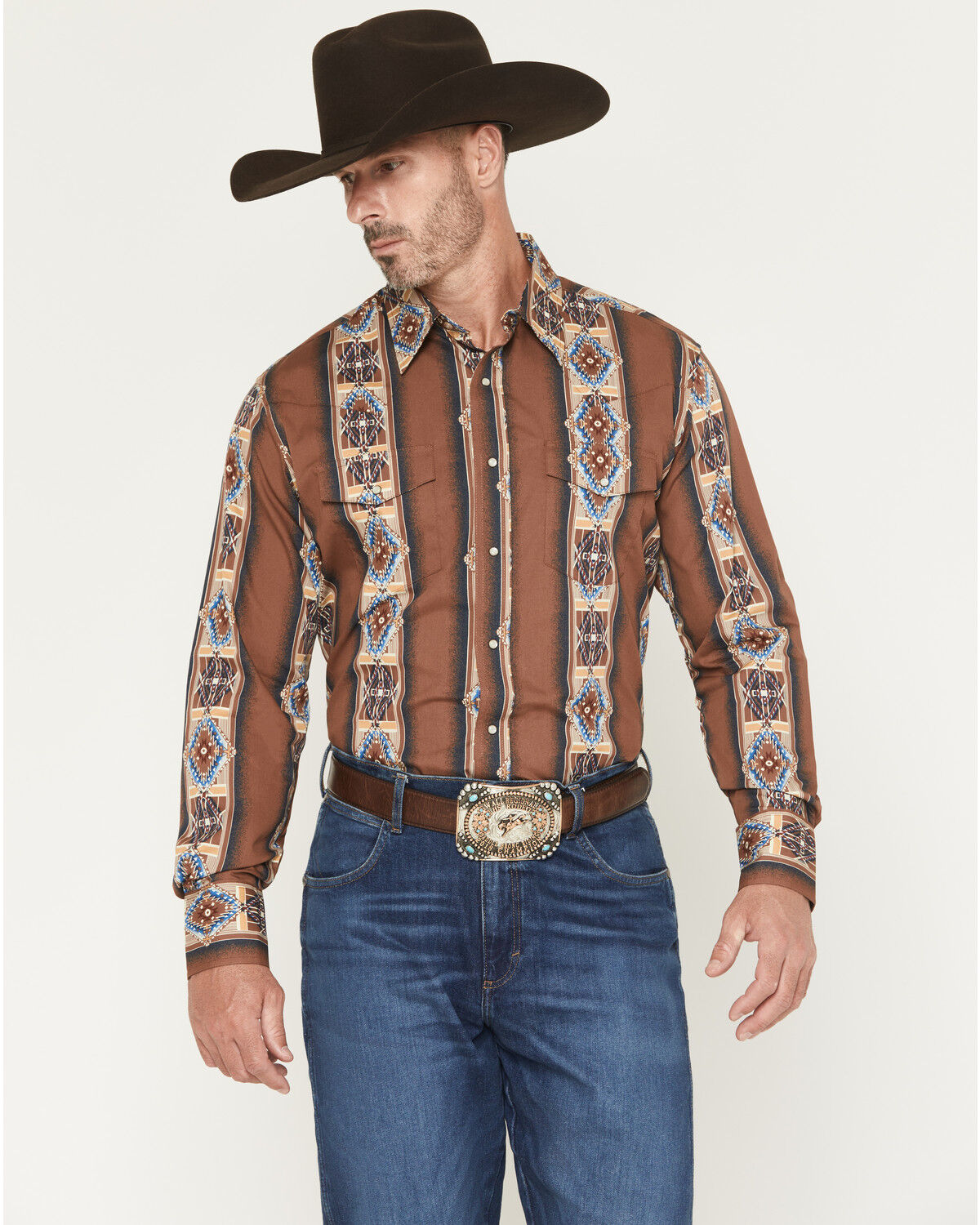 Image #1 - Wrangler Men's Checotah Southwestern Print Long Sleeve Snap Western Shirt, Brown, hi-res