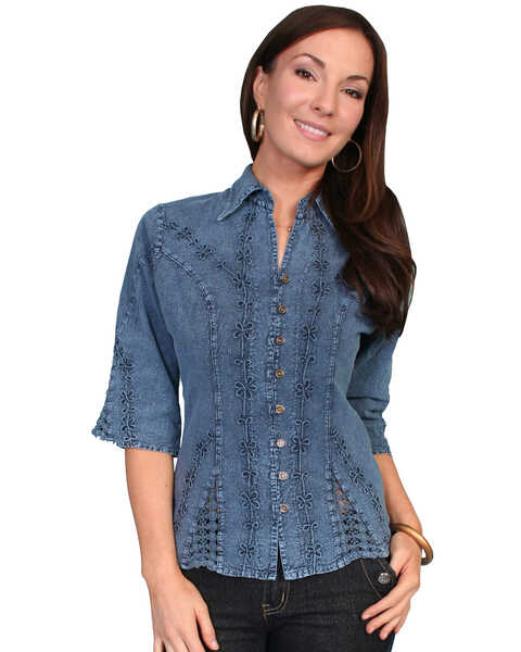 Image #1 - Scully Women's 3/4 Sleeve Blouse, Dark Blue, hi-res