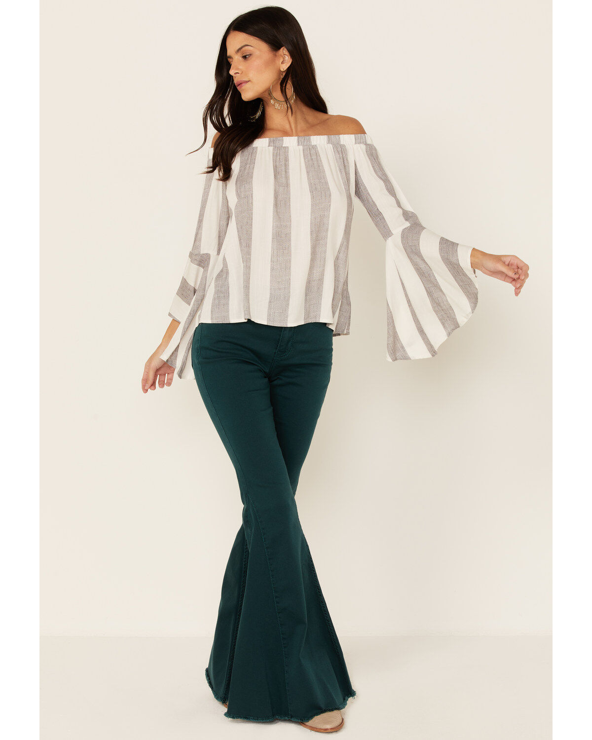 Image #2 - Shyanne Women's Gray Stripe Off The Shoulder Bell Sleeve Top, , hi-res