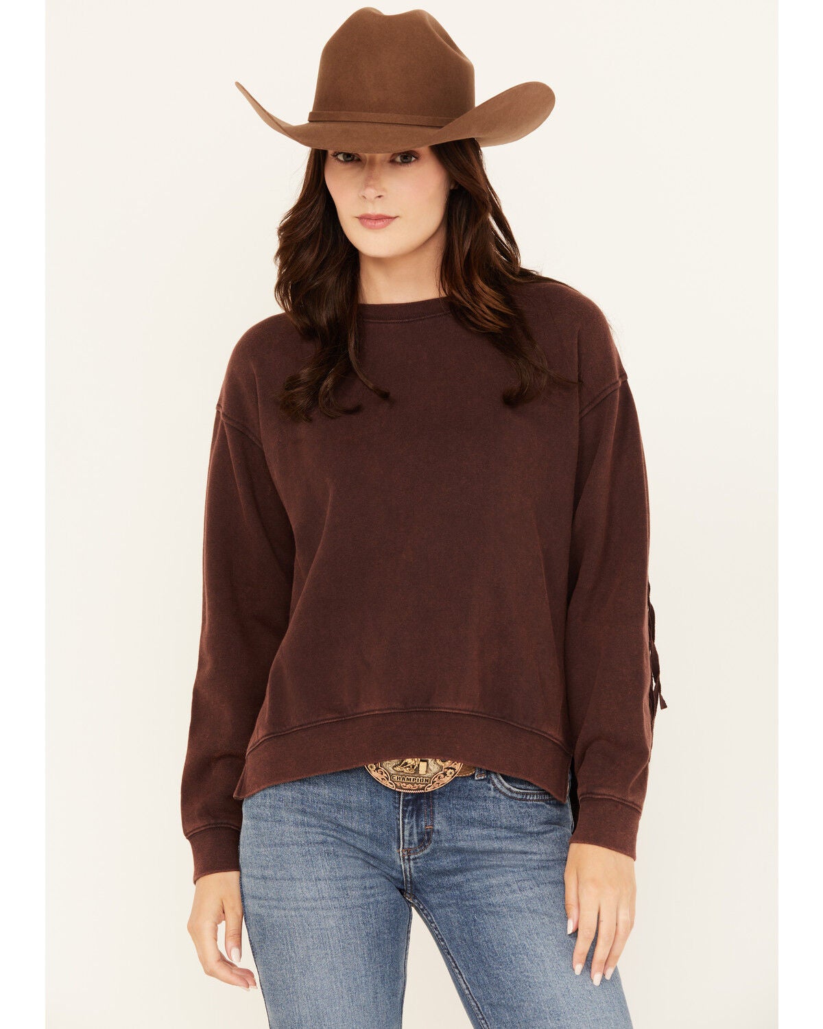 Shyanne Women's Solid High-Low Fringe Long Sleeve Shirt, Chocolate, hi-res