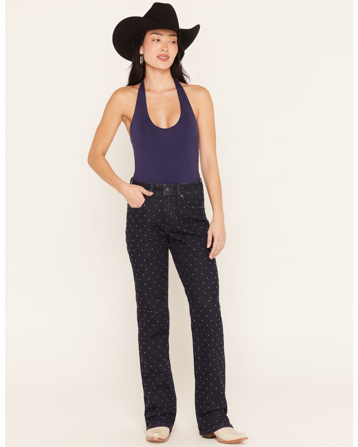 Image #1 - Rock & Roll Denim Women's Dark Wash High Rise Micro Studded Straight Stretch Denim Jeans, Dark Wash, hi-res
