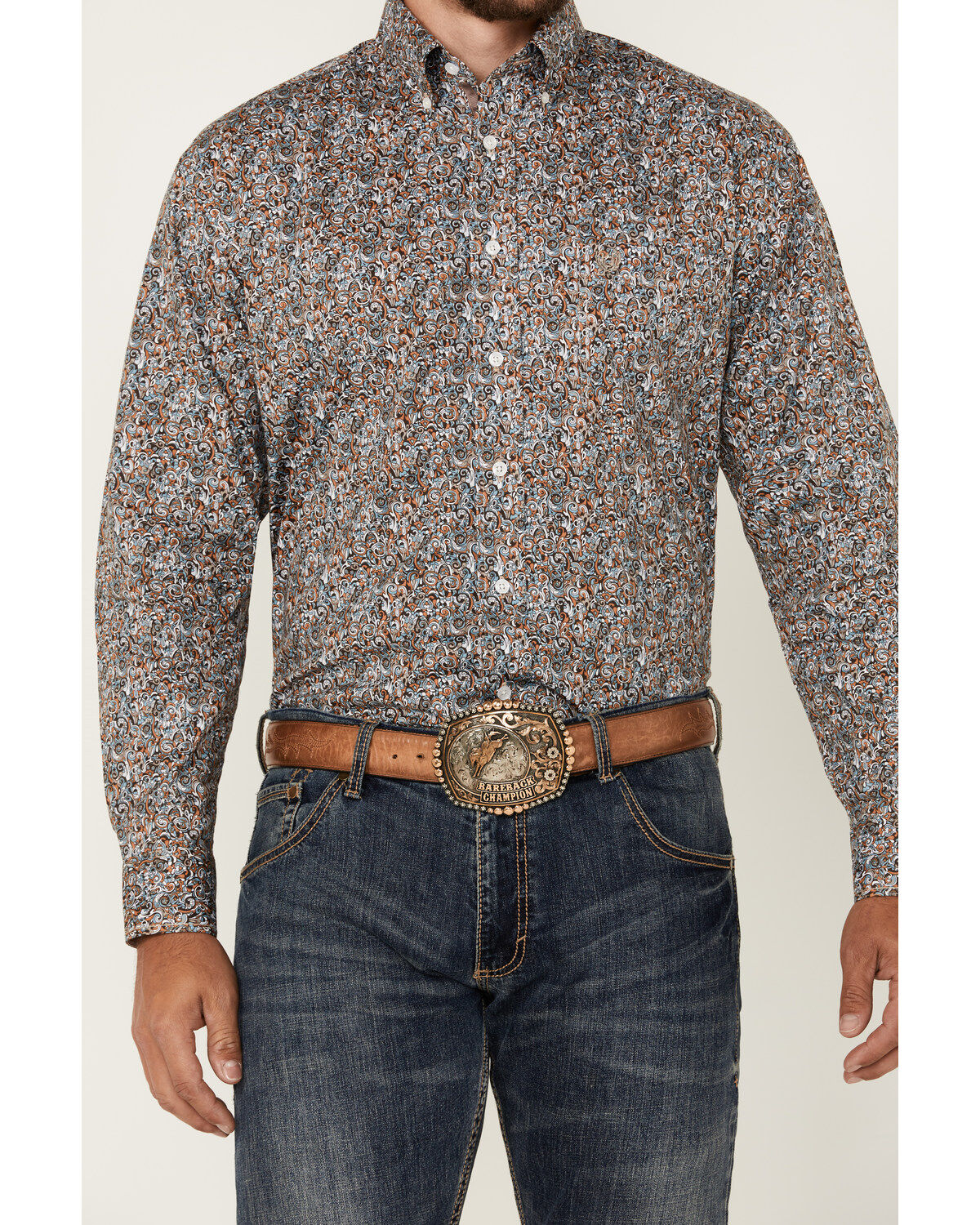 Image #3 - Rough Stock by Panhandle Men's Paisley Print Long Sleeve Button-Down Stretch Western Shirt, Orange, hi-res
