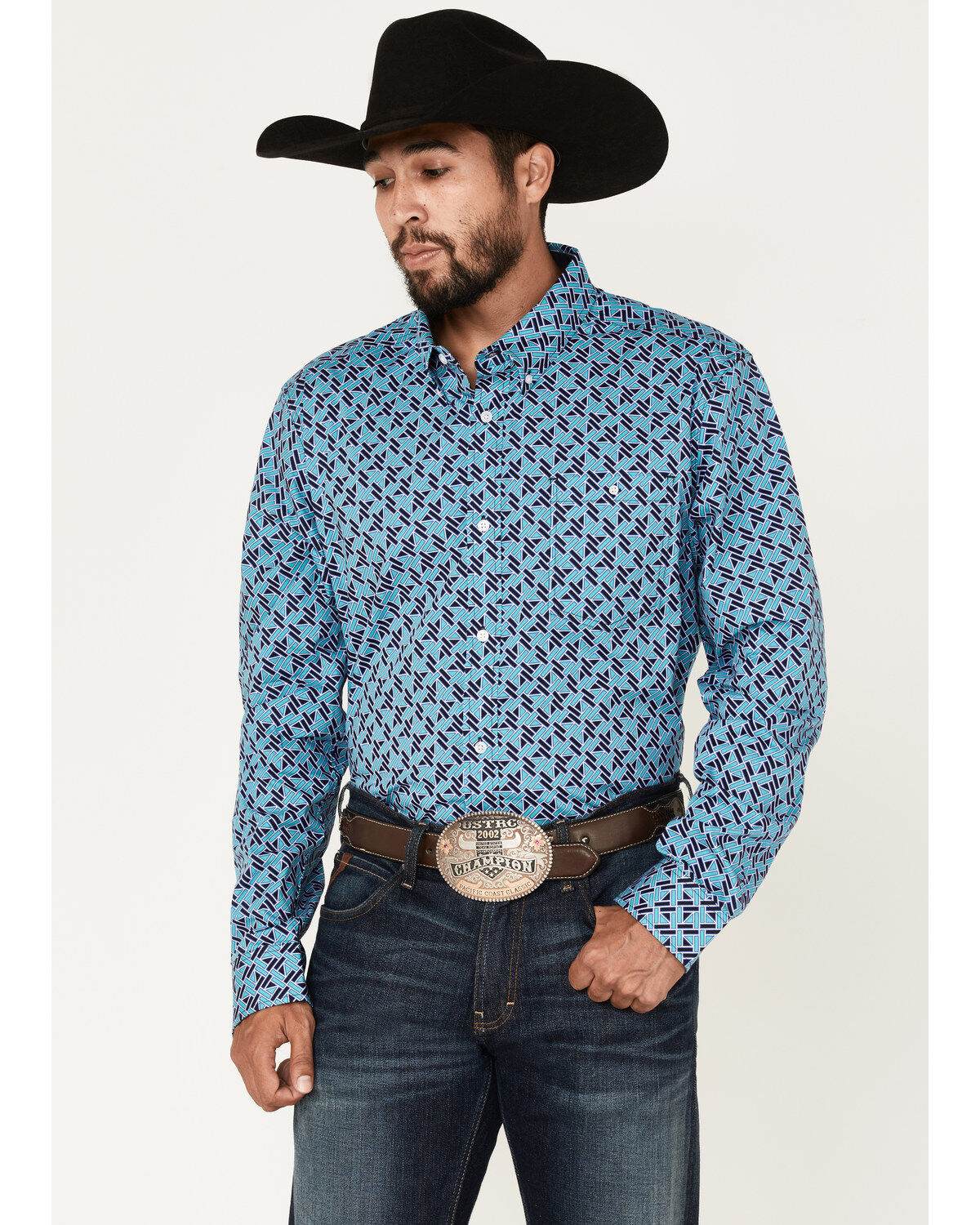 Image #1 - RANK 45® Men's Tie-Down Geo Print Button-Down Western Shirt, Blue, hi-res