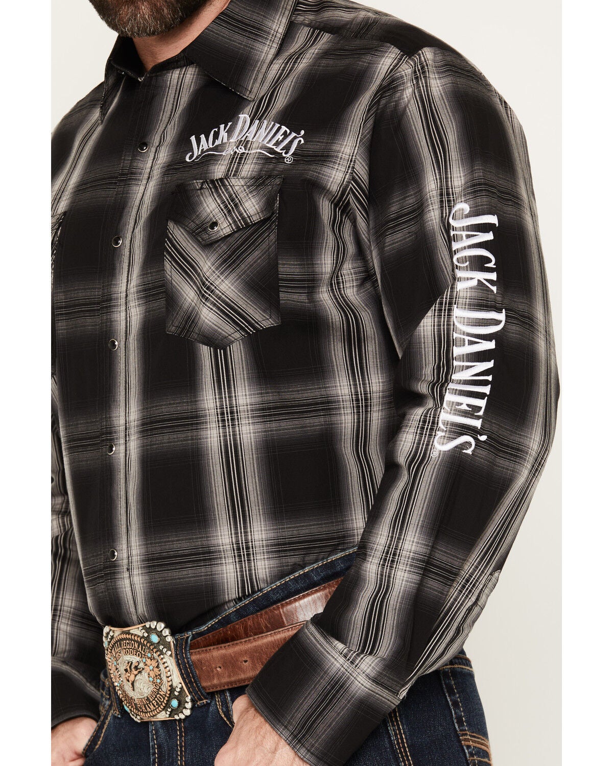 Image #3 - Jack Daniels Men's Plaid Print Long Sleeve Snap Western Shirt, Black, hi-res