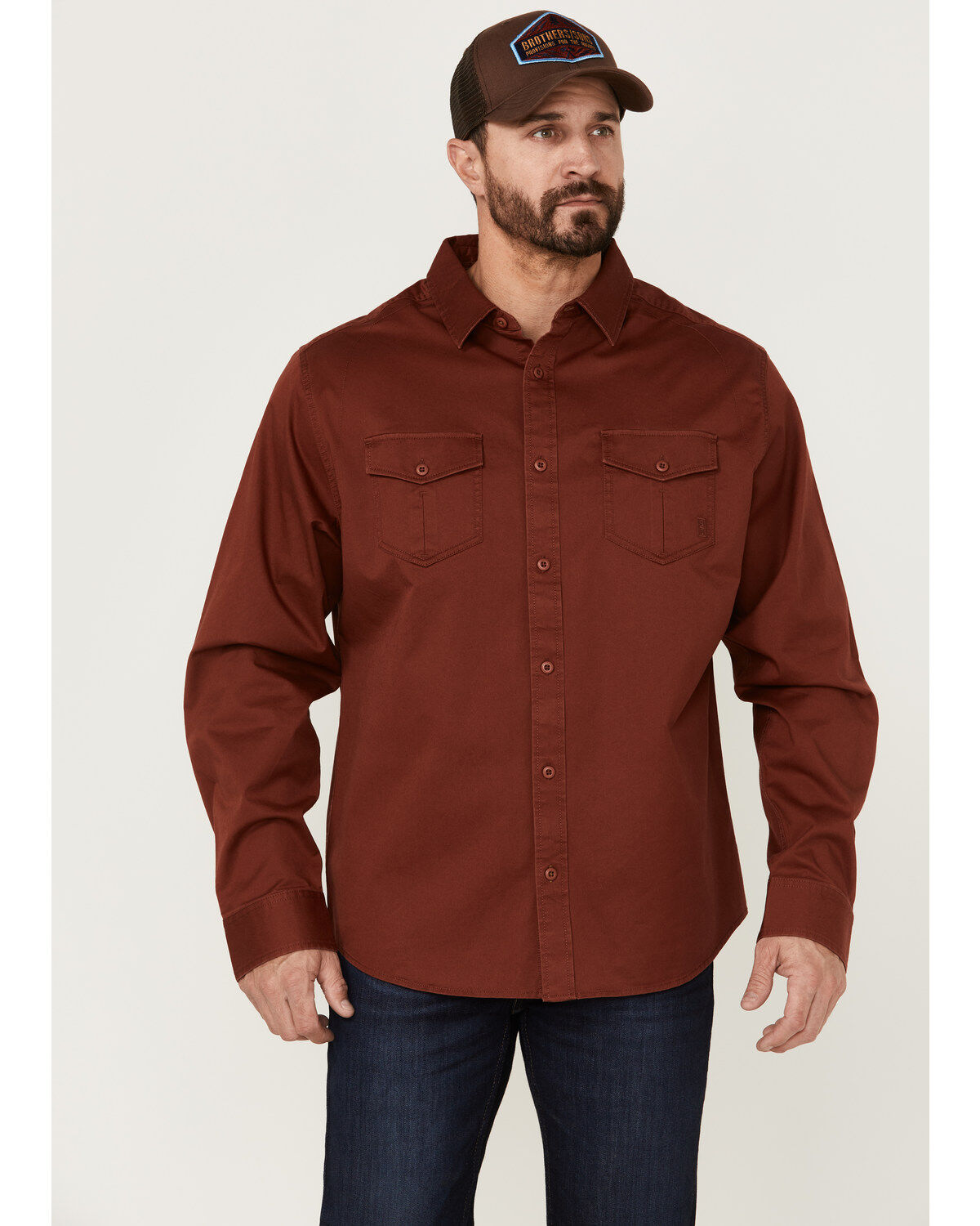 Image #2 - Brothers and Sons Men's Weathered Twill Solid Long Sleeve Button-Down Western Shirt, Red, hi-res