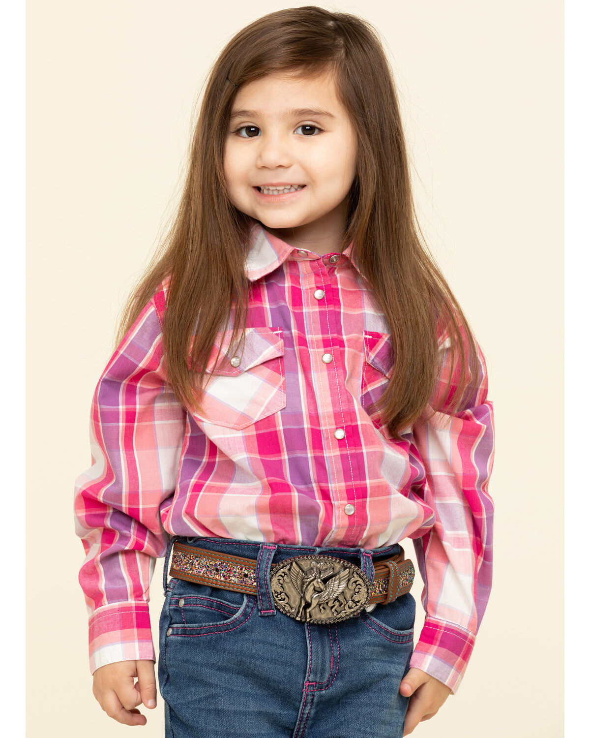 Image #1 - Shyanne Toddler Girls' Pink & Purple Plaid Horse Embroidered Long Sleeve Western Shirt, , hi-res