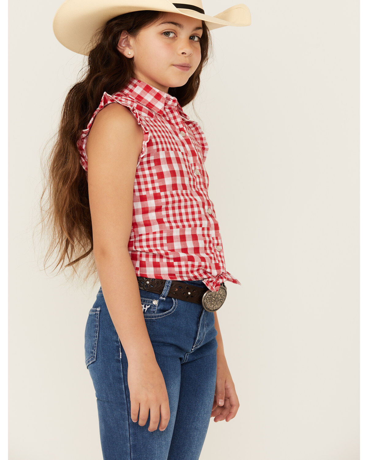 Image #2 - Wrangler Girls' Plaid Print Tie Front Sleeveless Snap Western Shirt, , hi-res