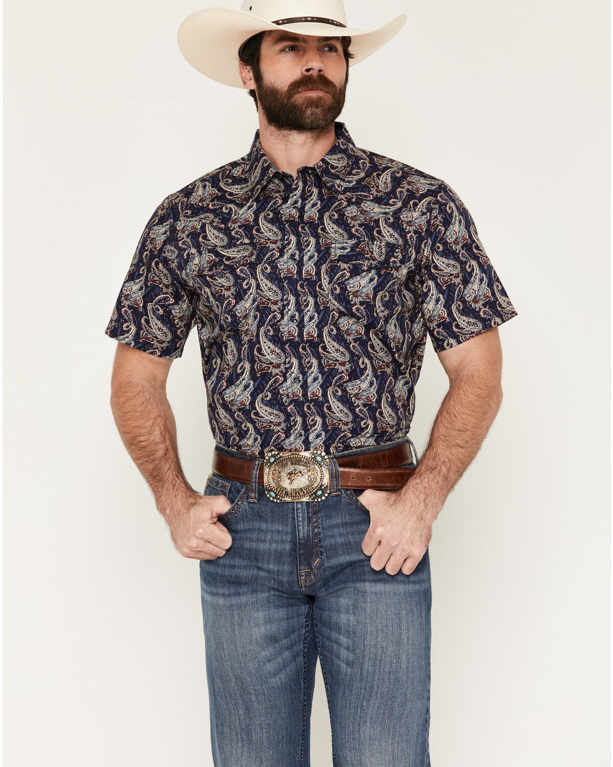 Cody James Men's Easy Livin' Paisley Print Short Sleeve Snap Western Shirt, Navy, hi-res