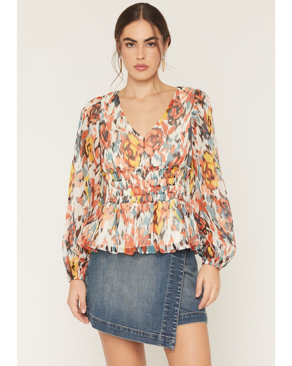 Image #1 - Shyanne Women's Floral Print Long Sleeve Top, Cream, hi-res