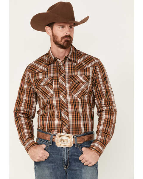 Wrangler Men's Plaid Print Long Sleeve Snap Western Shirt, Brown, hi-res