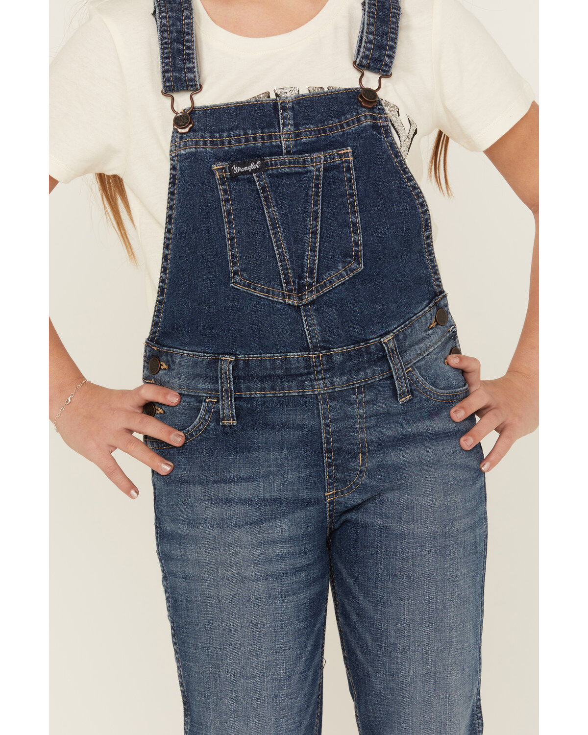 Image #2 - Wrangler Girls' Tegan Medium Wash Denim Overalls, Medium Wash, hi-res