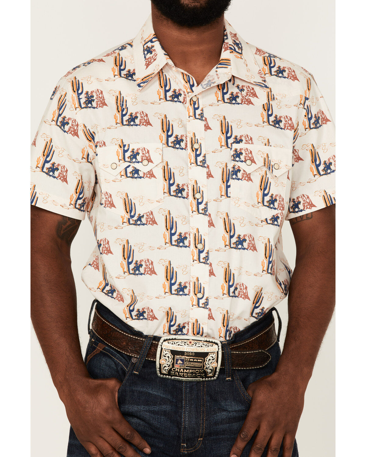 Image #3 - Rock & Roll Denim Men's Desert Conversational Print Short Sleeve Snap Western Shirt, Natural, hi-res