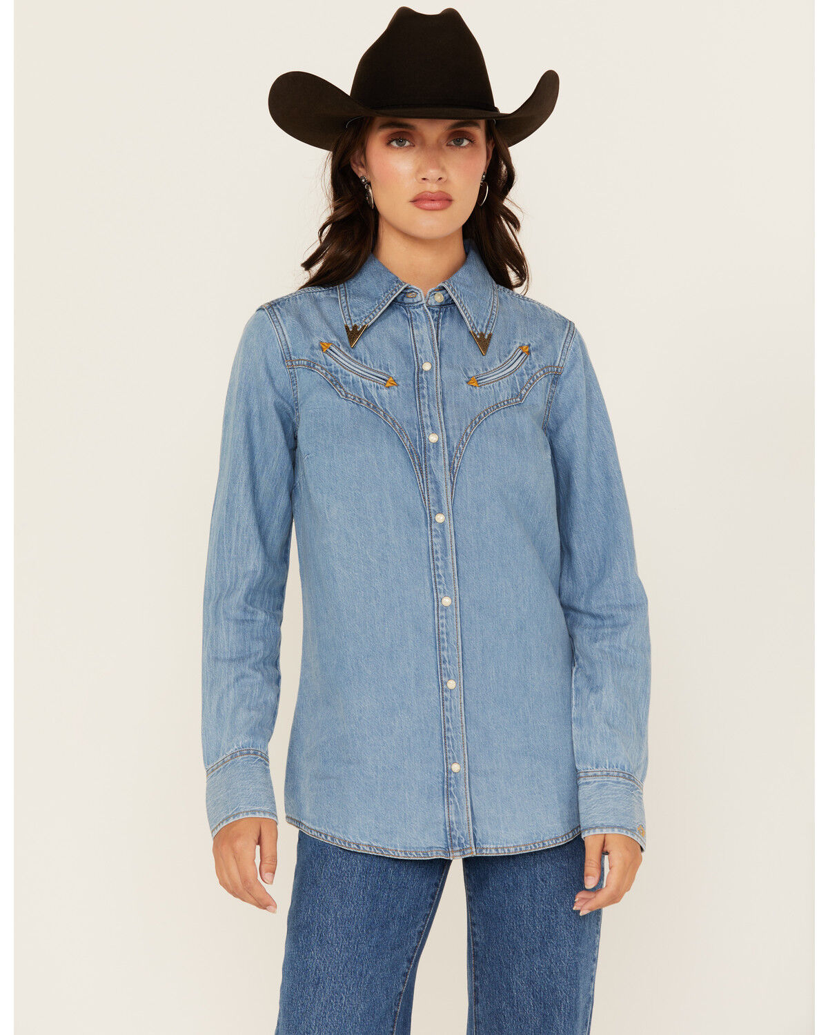 Image #2 - Wrangler x Lainey Wilson Women's Medium Wash Long Sleeve Snap Denim Western Shirt, , hi-res