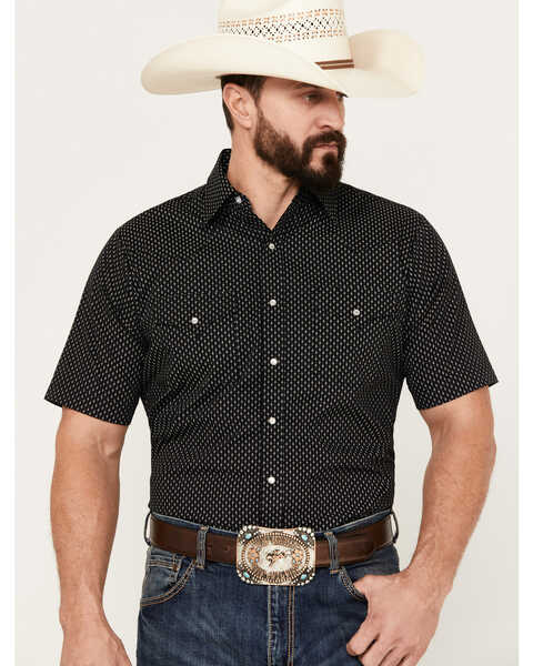 Ely Walker Men's Geo Print Short Sleeve Western Snap Shirt, Black, hi-res