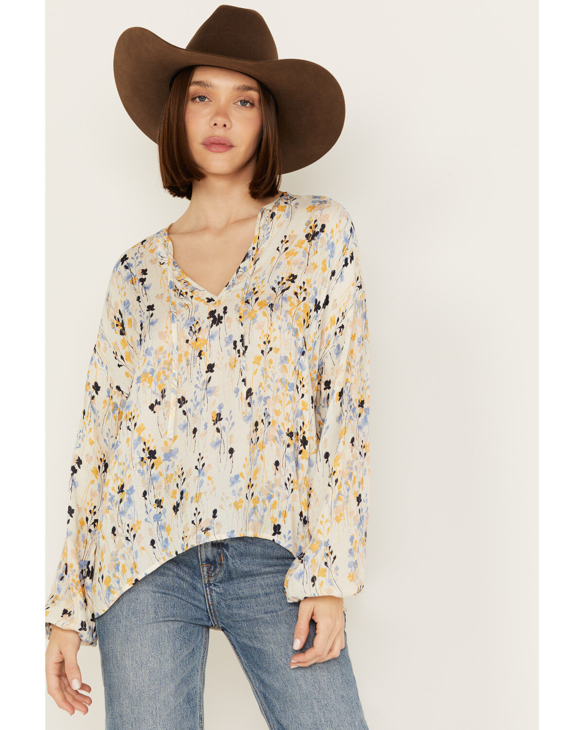 Image #1 - Cleo + Wolf Women's Crepe Rayon Printed Blouse, Cream, hi-res