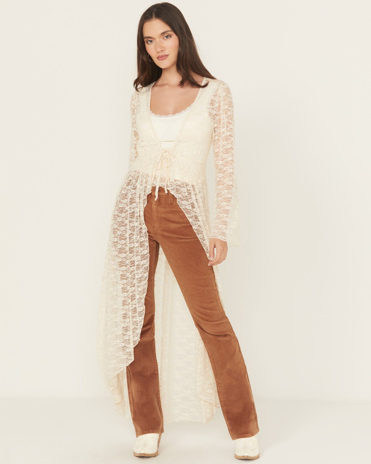 Originality Women's Lace Bell Sleeve Tie Kimono, Cream, hi-res