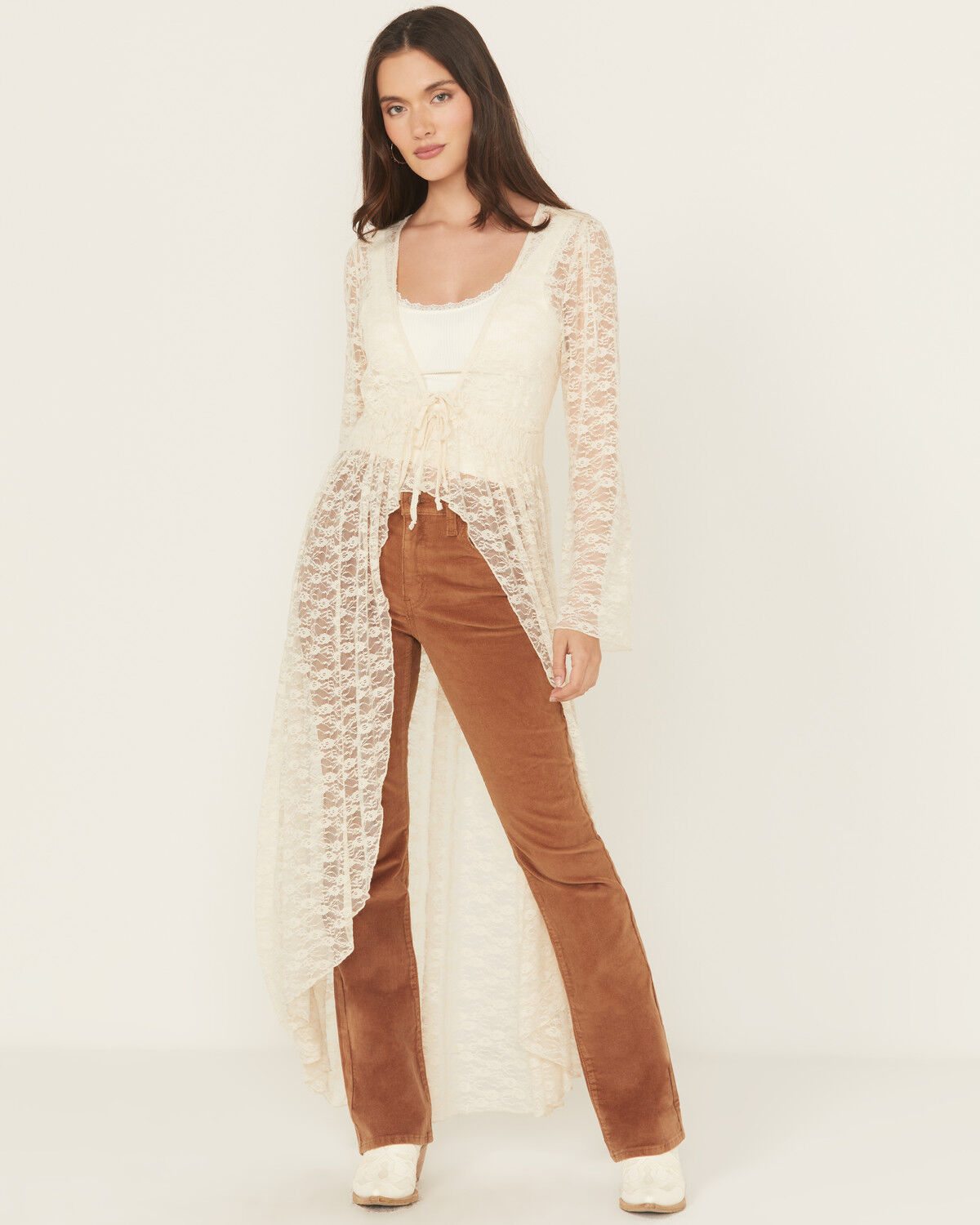 Image #1 - Originality Women's Lace Bell Sleeve Tie Kimono, Cream, hi-res