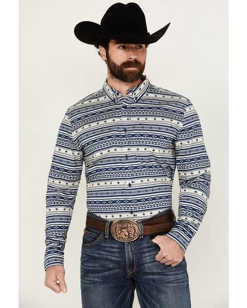 Cody James Men's Falcon Southwestern Striped Print Long Sleeve Button-Down Stretch Western Shirt , Blue, hi-res
