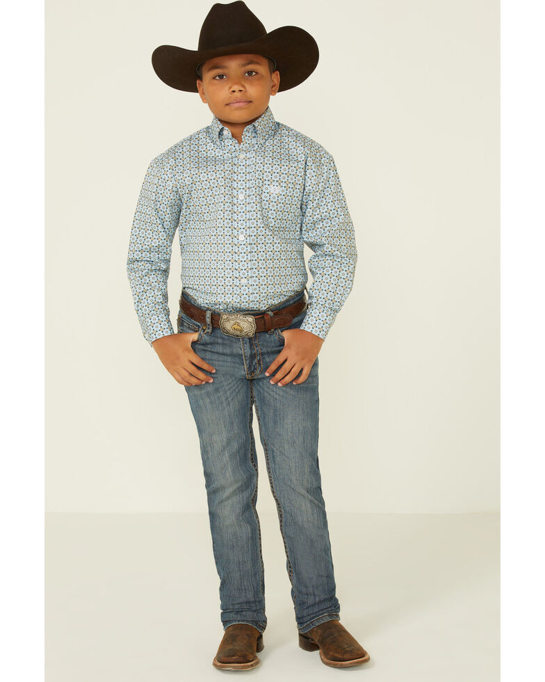 Panhandle Boys' Sky Blue Geo Print Long Sleeve Button-Down Western Shirt , Blue, hi-res