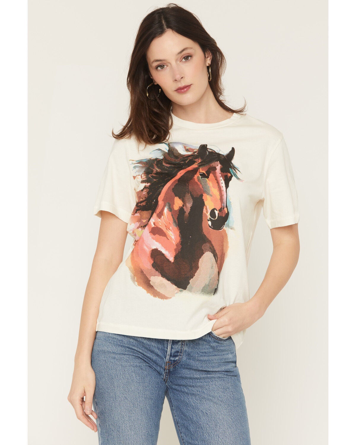 Shyanne Women's Studded Horse Short Sleeve Graphic Tee, Cream, hi-res