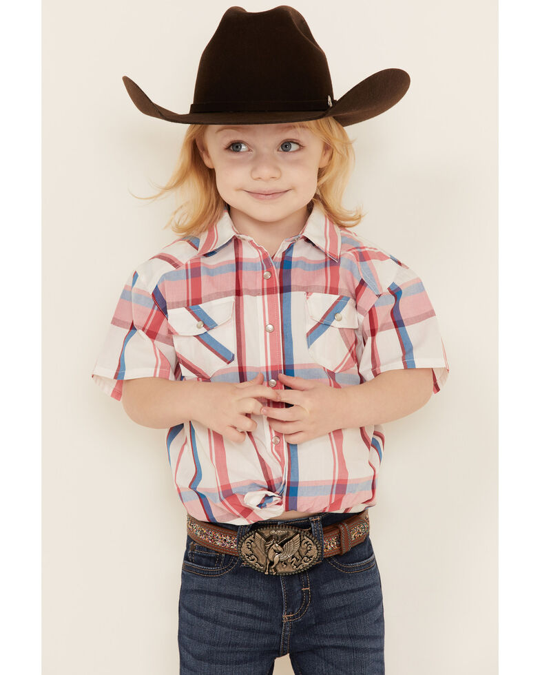 Shyanne Toddler Girls' White Plaid Short Sleeve Tie-Front Western Shirt , White, hi-res