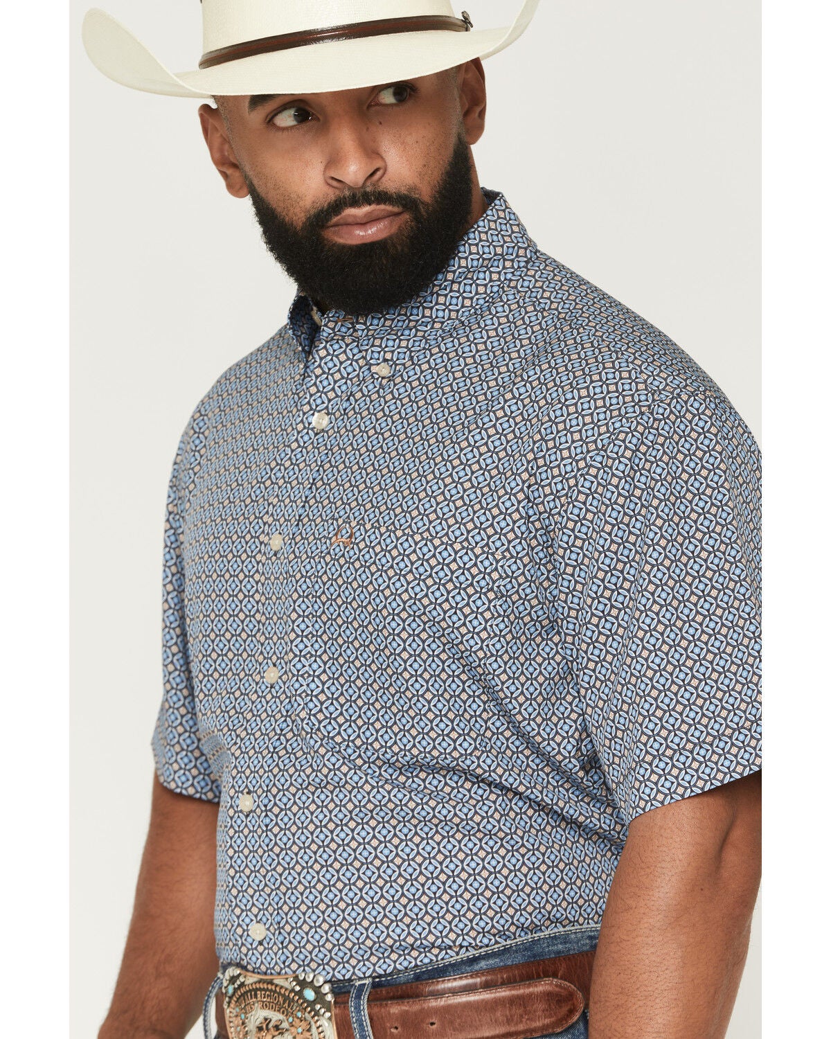 Image #2 - Cinch Men's AF Geo Print Short Sleeve Button-Down Stretch Western Shirt, Blue, hi-res
