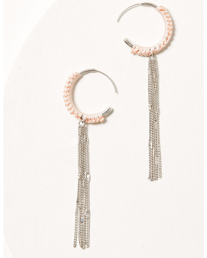 Shyanne Women's Pink Braided Hoop Silver Fringe Earrings, Pink, hi-res