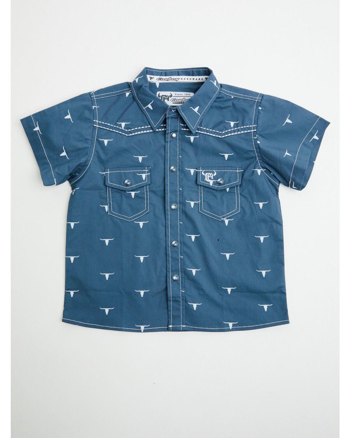 Image #1 - Cowboy Hardware Toddler Boys' Scattered Skull Short Sleeve Pearl Snap Western Shirt, Blue, hi-res