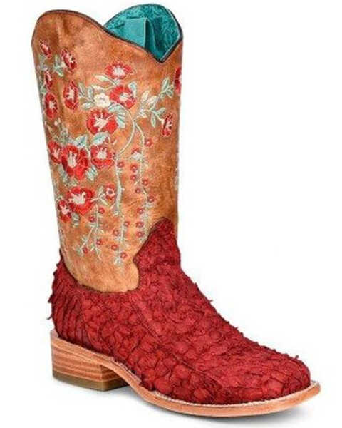 Corral Women's Rodeo Collection Embroidered Floral Pirarucu Western Boots - Broad Square Toe, Turquoise, hi-res