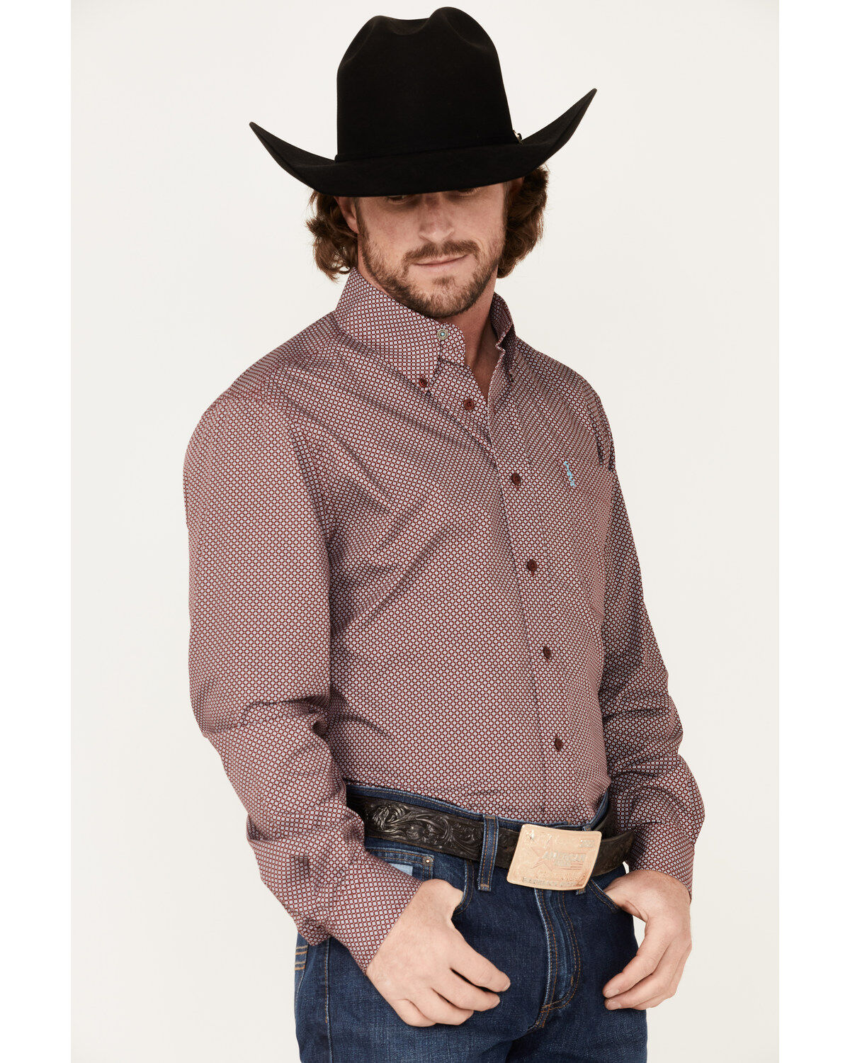 Image #2 - Cinch Men's Modern Fit Geo Print Button-Down Western Shirt, Burgundy, hi-res