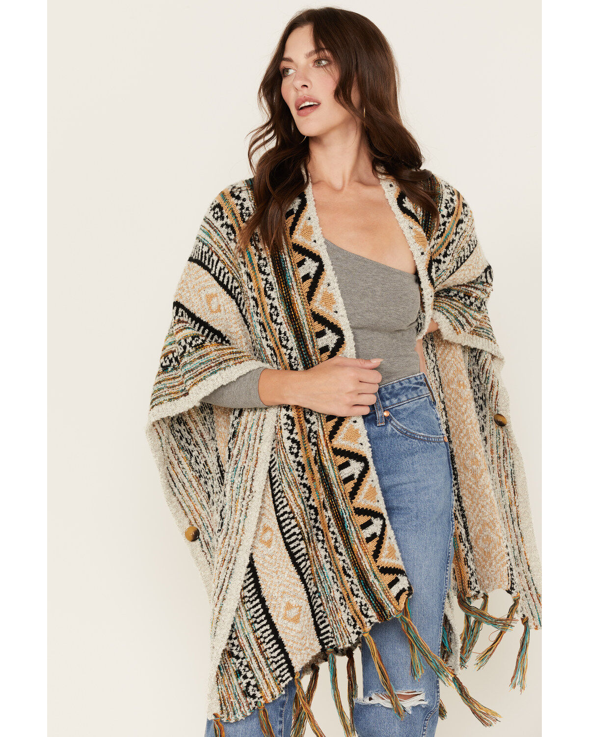 Image #1 - Shyanne Women's Southwestern Print Fringe Sweater Shawl, Sand, hi-res