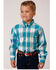 Roper Boys' Amarillo Saddle Plaid Print Long Sleeve Button Down Western Shirt, Blue, hi-res