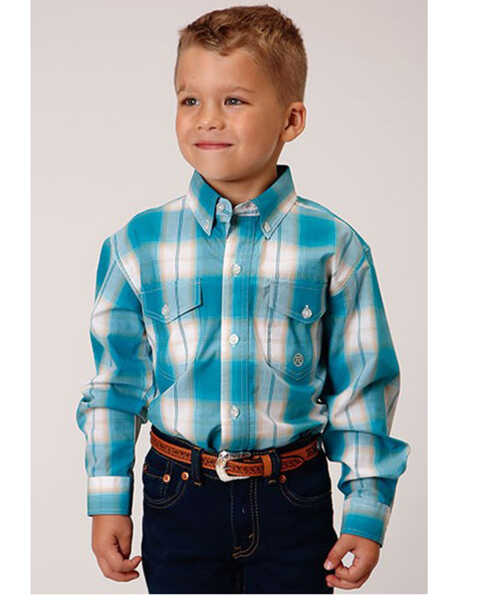 Roper Boys' Amarillo Saddle Plaid Print Long Sleeve Button Down Western Shirt, Blue, hi-res
