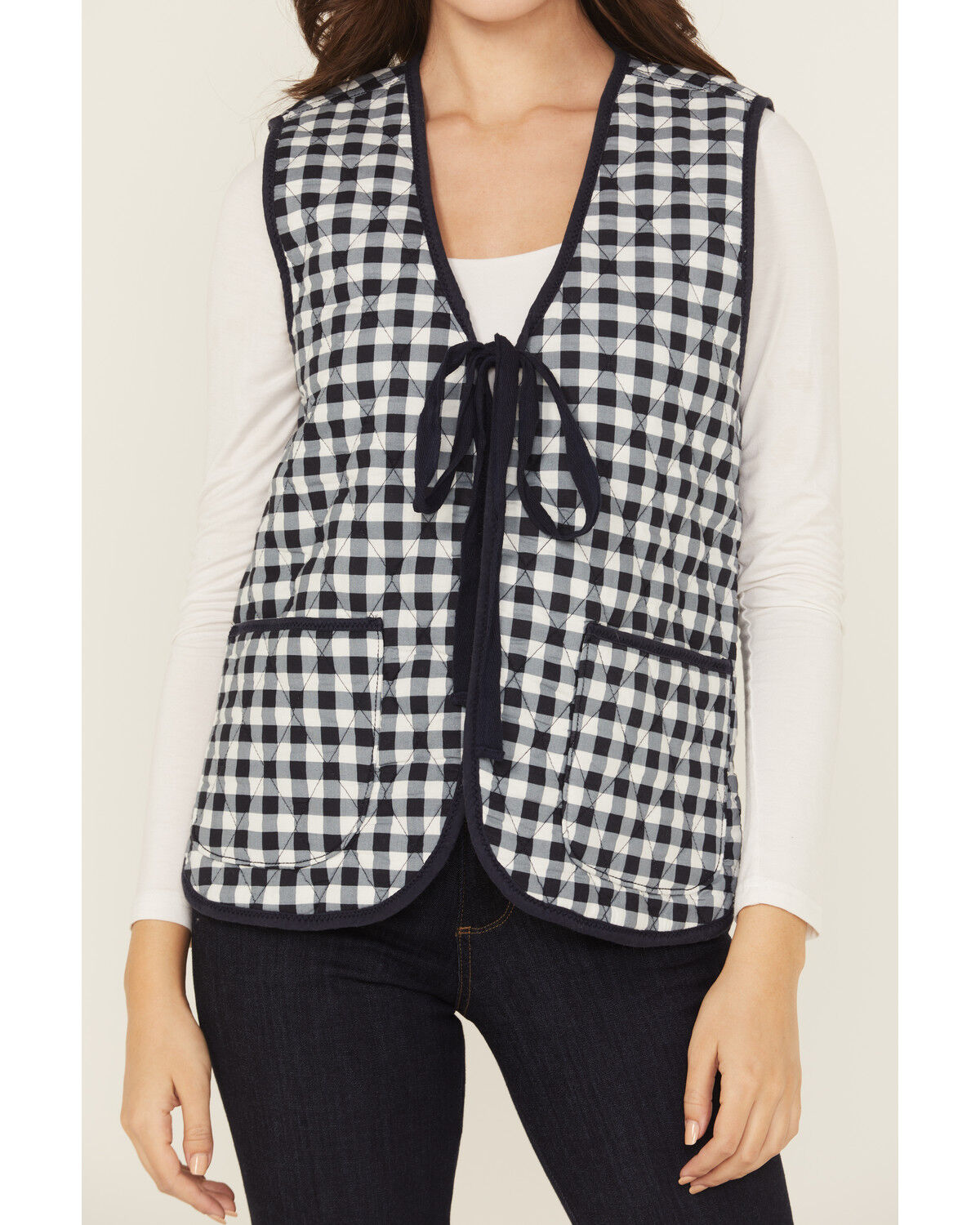 Image #3 - Free People Women's Claudine Gingham Tie Front Vest, Navy, hi-res