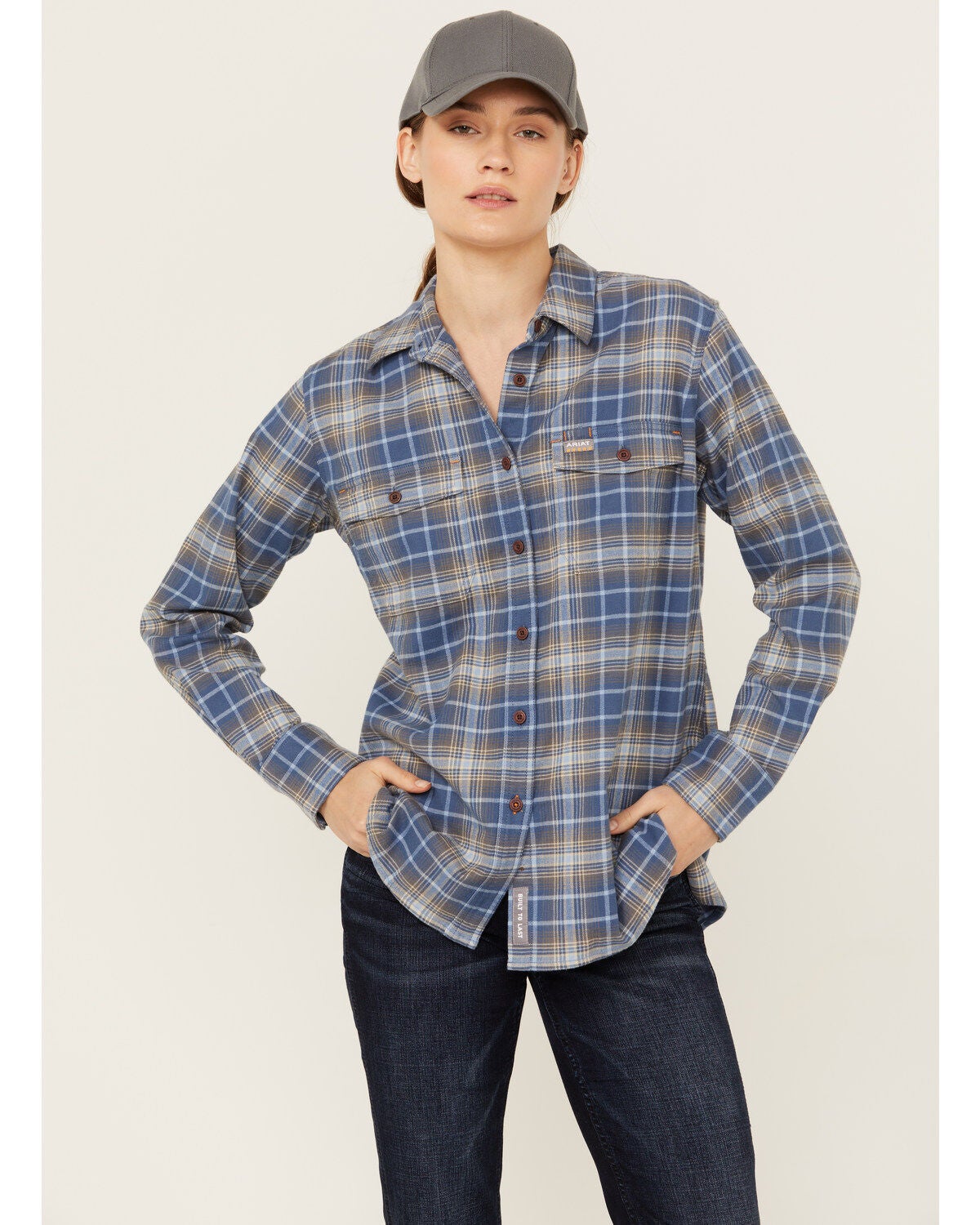 Ariat Women's Rebar Flannel DuraStretch Long Sleeve Button-Down Work Shirt, Navy, hi-res