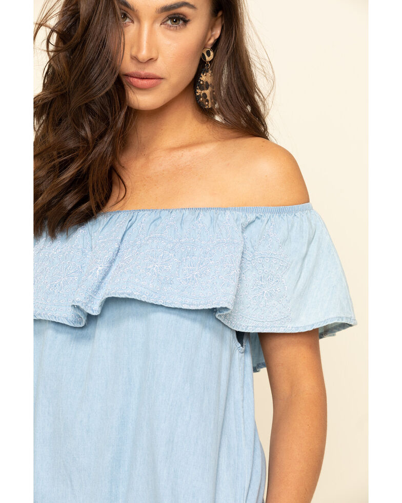 Red Label by Panhandle Women's Chambray Ruffle Off The Shoulder Dress, Blue, hi-res